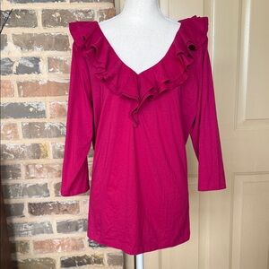 NWT Chaps Fuchsia Pink Ruffled Trim V-Neck Blouse Cotton Stretch Plus Size 2X